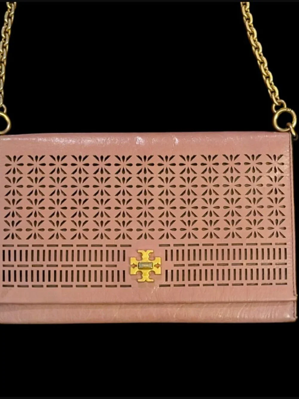 Tory Burch Pink Perforated Open Pattern Shoulder Bag With Gold Hardware